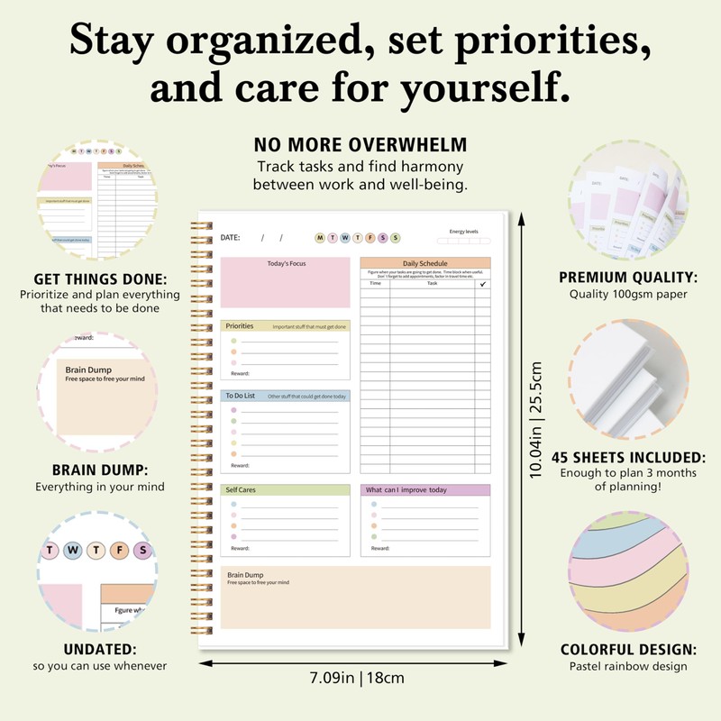 ADHD Daily Planner with Hard Cover & Colorful Sheets Inside,Productivity