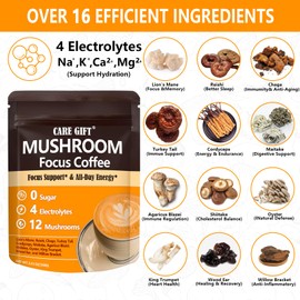CARE GIFT Mushroom Coffee with 16in1 Mushroom Supplement (Lions Mane, Turkey Tail, Shiitake) and Electrolyte, Instant Coffee Powder for Energy, Focus, Digestion, Immunity