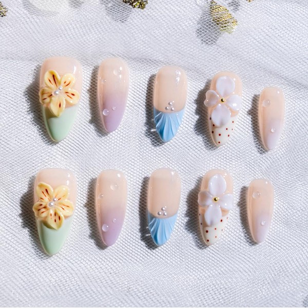 10 Pcs Almond Handmade Press On Nails | 3D Floral