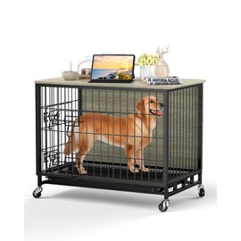 Dog Crate Furniture, 27.2 Inch Wooden Heavy-Duty Dog Kennel with Pull-Out Tray & Removable Wheels, Modern Double-Doors Dog House, Side End Table for Medium Dog, Rustic Gray