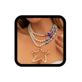 Zoestar Boho Pearl Necklace, Gold Star Pendant Choker Necklaces, Turquoise Beach Necklace for Women, Non-precious metal