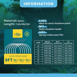 SF 6Pcs Pre-Tied Loop Fly Fishing Tapered Leader Nylon Fly Trout Leader 9FT-4X(2) 5X(2) 6X(2)