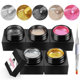 EBANKU Glitter Gel Nail Polish 5 Colors Silver Metal Painted Metal Platinum Drawing Polish with Nail Brush, Gold Silver Red Glitter Nail Polish Sparkling Soak Off Gel for Nail Design