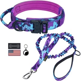 Hotsky Tactical Dog Collar and Leash Set, Heavy Duty Military Airtag Dog Collar with Handle and Metal Buckle for Training and Walking, with Airtag Holder and Two Patches(Purple Camo, M)
