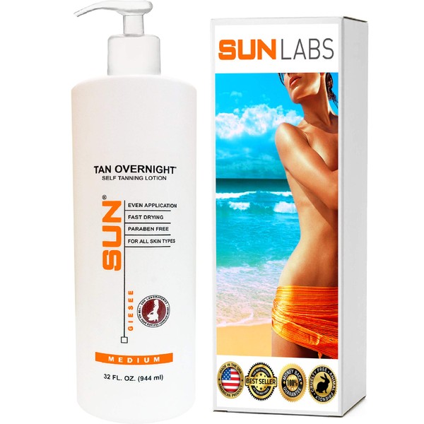 Sun Laboratories Tan Overnight Self-Tanning Lotion for Body and Face - Sunless Tan Golden Glow - Medium - 32 fl oz Bottle