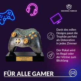 geschenke-fabrik.de trophy with engraving of your choice of text, gaming controller design