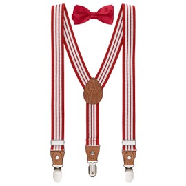 BomGuard Children's Braces with Bow Tie Set, 1 - 8 Years, for Boys and Girls - Red Stripe + Cherry Red Bow Tie