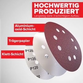 KSP-Tec 100 x Sandpaper 125 mm Velcro - Choice of Grit 40/60/80/120/180/240/400 - Sanding Discs for Orbital Sander (P120)