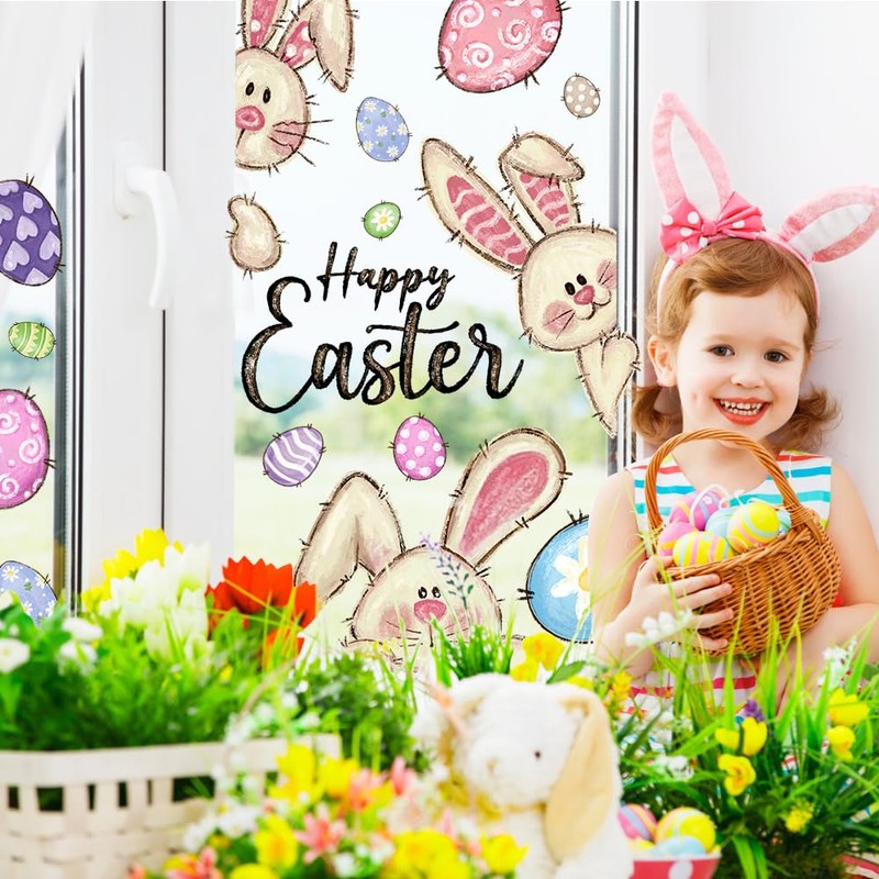 XOYTN 6 Sheets Easter Window Clings，Reusable Double-Sided Easter Bunny Rabbit