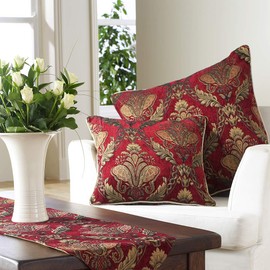 Shiraz Square Cushion Cover - Burgundy Red - Embroidered Damask Jacquard - Gold Piped Edges - Reversible - Zip Closure - 100% Polyester - 45 x 45cm (18" x 18" inches) - Made by Riva Paoletti