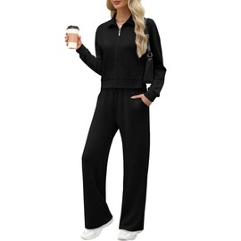 XIEERDUO Lounge Sets for Women 2025 2 Piece Beach Vacation Clothes Winter Essentials Luxury Women Fashion Zip Up Sweatshirt Sweatsuits Travel Outfits Wide Leg Sweatpant Black S