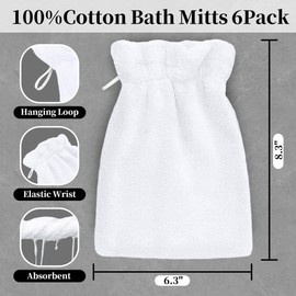 VOOVA & MOVAS White Exfoliating Washcloth 6PC, 8.3"x6.3" - 100% Cotton, Soft Absorbent Body Shower Glove Washcloth with Hanging Loop, Wash Mitts for Body