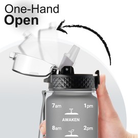 GOPPUS Drinking Bottle, 1 Litre BPA-Free Tritan Water Bottle with Straw, Sports Water Bottle, Leak-Proof with Time Marking and Brush, Sports Bottle for Fitness, School, Yoga, Outdoor (1 Bottle)