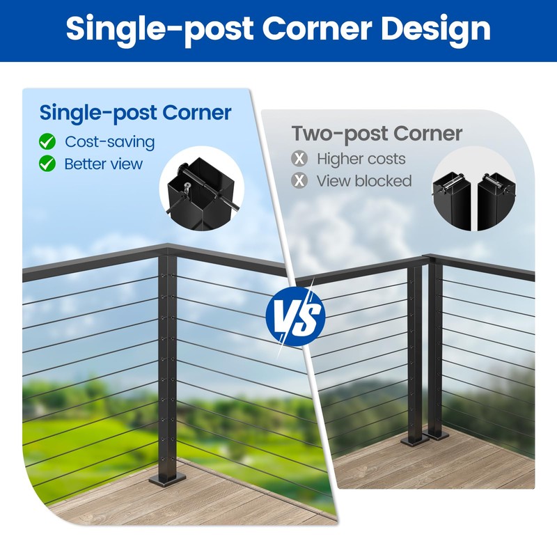 Muzata Black Corner Cable Railing Post 36 Inch 36"x2"x2" T-drilled
