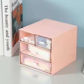 MILULUGO Organizador de maquillaje con 4 cajones, organizador de computadora, caja de almacenamiento de cosméticos para esmalte de uñas, lápiz labial, pinceles, joyas, cuidado de la piel, cajas de organización de baño, rosa
