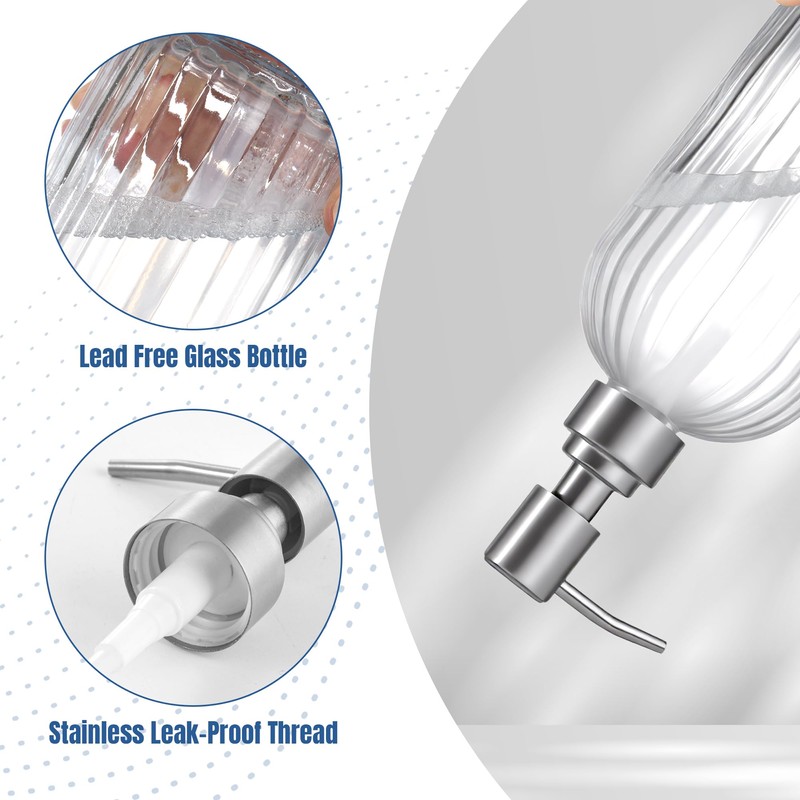 1PCS Glass Soap Dispenser with 304 Rust Proof Stainless Steel