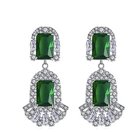 Silver Tone Antique Vintage Retro Flapper Style Art Deco Gatsby Emerald Green Clear Zircon Rhinestone Wedding Bridal Earrings