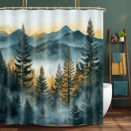 DYNH Misty Mountain Forest Shower Curtain,Sunset Sunrise Woodland Pine Tree Alpine Landscape Bathtub Curtains,Modern Rustic Cabin Nature-Themed Decor for Bathroom,69X70 in