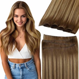 Lacer Genius Weft Real Human Hair Extensions 22 Inch Remy Human Hair Sew in Weft Hair Extensions Chocolate Brown to Caramel Blonde with Brown Roots Sew in Double Weft Natural Human Hair 60g