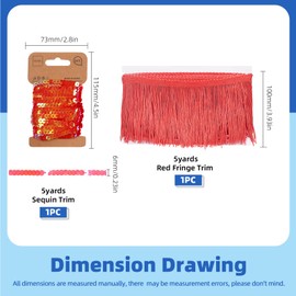 Glarks 4pcs 5 Yards x 100mm Sewing Fringe Trim Set, Red Tassels Trim with 5 Yards Sequin Strip and Fixing Tools, Versatile Fringes for DIY Craft Clothing and Dress Decoration