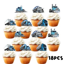 18pcs Blue Glitter Dessert Cupcake Topper Truck Car Transportation Vehicle Theme Decor Supplies Baby Shower Boys Girls Happy Birthday Party Decorations