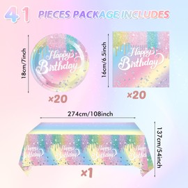 41Pcs Iridescent Happy Birthday Party Decorations, Popular Birthday Party Supplies Include 20 Plates, 20Napkins and 1 tablecloth for Girls Kids Birthday Theme Party, Serve 20