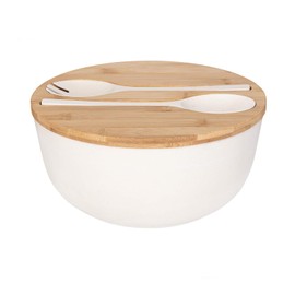 GEHE Bamboo Salad Bowl with Servers Set - Large 9.8 inches mixing bowls Solid Bamboo Salad Wooden Bowl with Lid Spoon for Fruits,Salads and Decoration (White, 9.8INCH)