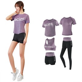 Varplit Sportswear, Yoga Wear, Women's, Girls, Top and Bottom Set, 5 Piece Set, Short Sleeve, Running Wear, Stretchy, Sweat Absorbent, Quick Drying, purple