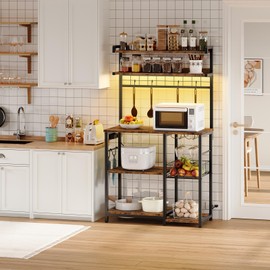 HOOBRO Bakers Rack with Power Outlet, 5 Tiers Coffee Bar with LED Light, Microwave Stand with Wire Basket & Wine Holders, Kitchen Storage Shelf with 6 S-Shaped Hooks, Rustic Brown and Black BF21UDHB01