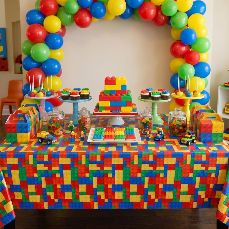 BEISHIDA 2 Pcs Building Blocks Party Tablecloth,Colorful Blocks Bricks Table