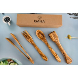 EMNA – Olivenholz Geschenkidee, Geschenk für Männer, Vatertag, 4-teiliges Grill- & Küchen-Set, 2 Grillzangen + Salatlöffel + Gabel, Holz, nachhaltiges Geschenk, Geschenkbox, Weihnachten, Geburtstag