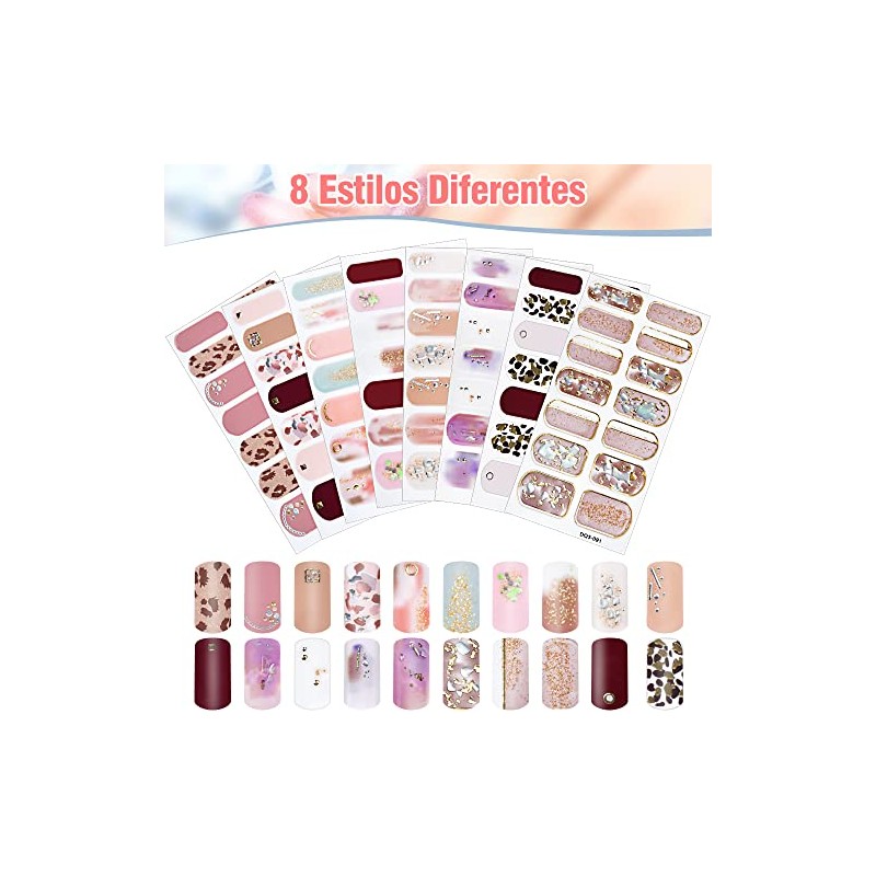 Calcomanías uñas esmalte pegatina, 8 Hojas envoltura completa 3D calcomanías
