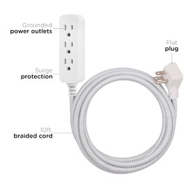 Cordinate 3 Outlet Power Strip Surge Protector Indoor Extension Cord 16 Gauge 10 Ft 3 Prong Braided Extension Cords Flat Extension Cord ETL Listed White 37914