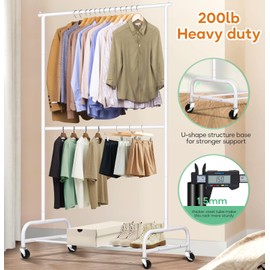 SLEEPING LAMB Double Rod Heavy Duty Clothes Racks for Hanging Clothes, Metal Rolling Garment Rack With Wheels Clothes Hanger Rack Wardrobe Racking for Coats, Shirts (White)