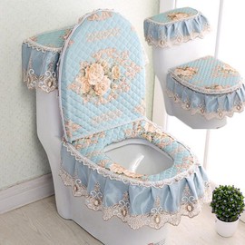 [Dajilong] Italian velvet lace zipper toilet mat set, deep cyan floral garden 3 piece set, 1 set / [다있지롱] 이태리 벨벳 레이스 지퍼 변기 매트 세트, 딥시안 플로럴 가든 3개 세트, 1세트