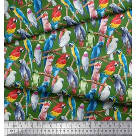 Soimoi Green Cotton Canvas Fabric Branch & Colorful Parrot Bird Printed Fabric 1 metre 42 Inch Wide