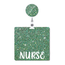 ANDGING Nurse Badge Buddy and Badge Reel Set Green Horizontal Badge Card Holder Nurse Acrylic Badge Buddies Badge Cards Glitter Bling Badge Reels Retractable Medical Nursing Gifts ID Name Card C6L88