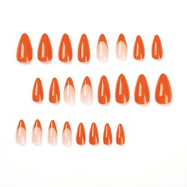 Orange Press on Nails Almond Medium Fake Nails French Tip False Nails Glue on Nails Reusable Artificial Nails Full Cover Glossy Acrylic Nails Stick on Nails for Women Girls Manicure 24Pcs