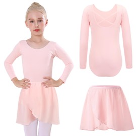 Bezioner Girls' Ballet Clothing with Removable Ballet Skirt Dance Bodysuit Long Sleeve Ballet Clothing Girls Ballet Suit Children Pink 140 (10-12 Years, 140-150 cm)