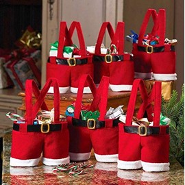 Homecube 10Pcs Large Size Christmas Candy Bag Wine Holders Santa Pants Gift and Treat Bags with Handle Portable Candy Gift Baskets Gift Wrap for Wedding(10" L x 15" H)