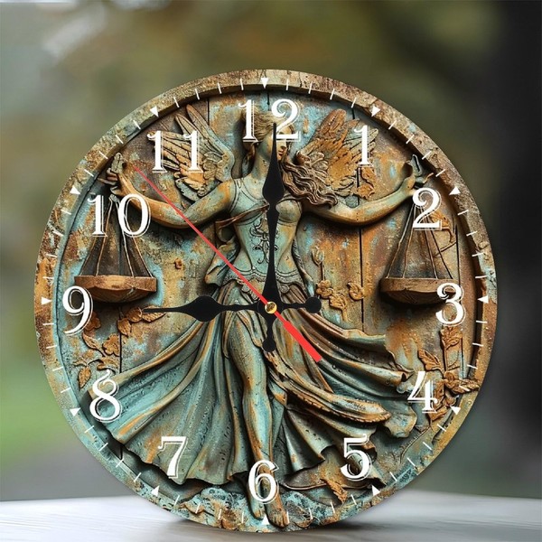 Lancholy 10-Inch Silent Wooden Wall Clock, Angel Holding Scales Antique