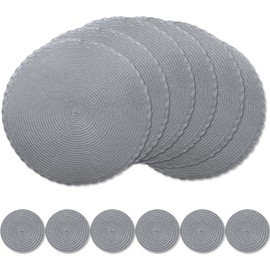 wiipara Round Woven Placemats Set of 6, 34 cm Kitchen Coffee Table Mats with Coasters Heat Resistant Wipeable Table Placemats for Dining Table, Home, Restaurant, Hotel, Cafes (Dark Grey)