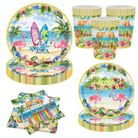 Hawaiian Tableware Set Flamingos for 20 Guests Tropical Paper Tableware Set Hawaiian Aloha Party Tableware Summer Beach Party Tableware Includes Cups, Paper Towels, Plates (20 Servings)