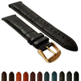 Mens Genuine Leather Watch Strap Black Crocodile Leather Padded Watch Strap with Gold Buckle 16mm