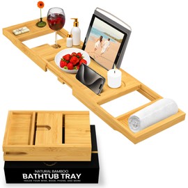 Bathtub Tray Caddy - Premium Bamboo Expandable Bath Tub Tray Table, Luxurious Wooden Bath Caddy for Books, Tablets, Wine, Bathroom Accessories, Spa Essentials, Housewarming, Wedding
