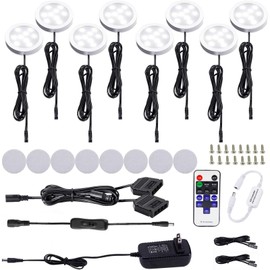 AIBOO Kitchen Under Cabinet Lighting LED 12Vdc 8 Pack Black Cord Aluminum Puck Lights for Counter Closet Furniture Shelf Lighting Dimmable with RF Wireless Remote Control(6000K Daylight White)