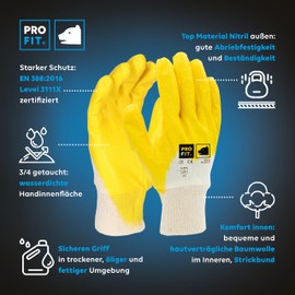 PRO FIT Nitrile Gloves 12 Pairs - Work Gloves, Mechanics Glove, Protective Gloves, Gardening Gloves ¾ Coated, Assembly Gloves - Yellow, Size 11