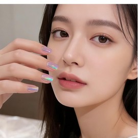 Lwenjing Nail Tips, 24 Pieces, Handmade Nails, Short, Spring and Summer, Popular, Japanese Style, Cute, Simple, Stylish, Bridal Nails, Glossy, False Nails, Double-Sided Tape, Coming-of-Age Ceremonies