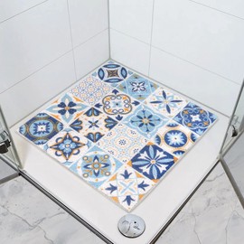 Shower Mat Non Slip Anti Mould, Round Shower Mat 60cm, Circular Bath Mat Loofah Shower Mat, Soft Textured Shower Mats for Inside Shower, Shower Cubicle (light blue)