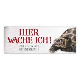 Metal Sign with Turtle Motif and Saying "Betreten auf eigene Gefahr - Hier wache ich!"